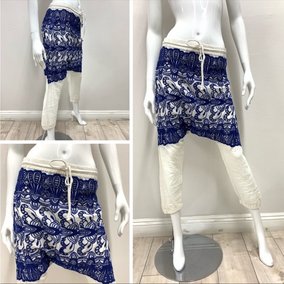 NWT GYPSY 05 Royal Blue & Ivory Crochet Harem Pants. Size large. - Picture 1 of 6